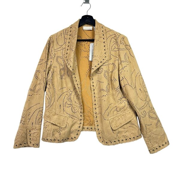 Chicos Desert Artisan Camelle Jacket Size 1 M/8 Faux Suede Laser Cutout NWT